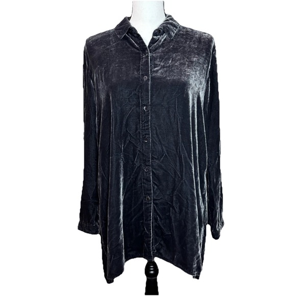 Eileen Fisher Silk Velvet Classic Collar Long Shirt‎ GRAPHITE Dark Gray Medium M - Picture 1 of 10